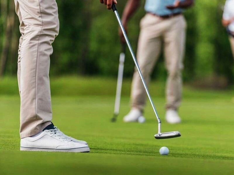 Dos hombres jugando al golf. Césped verde, jugadores con pantalón marrón. En primer término un jugador usa su palo para iniciar un golpe corte a la pelota.